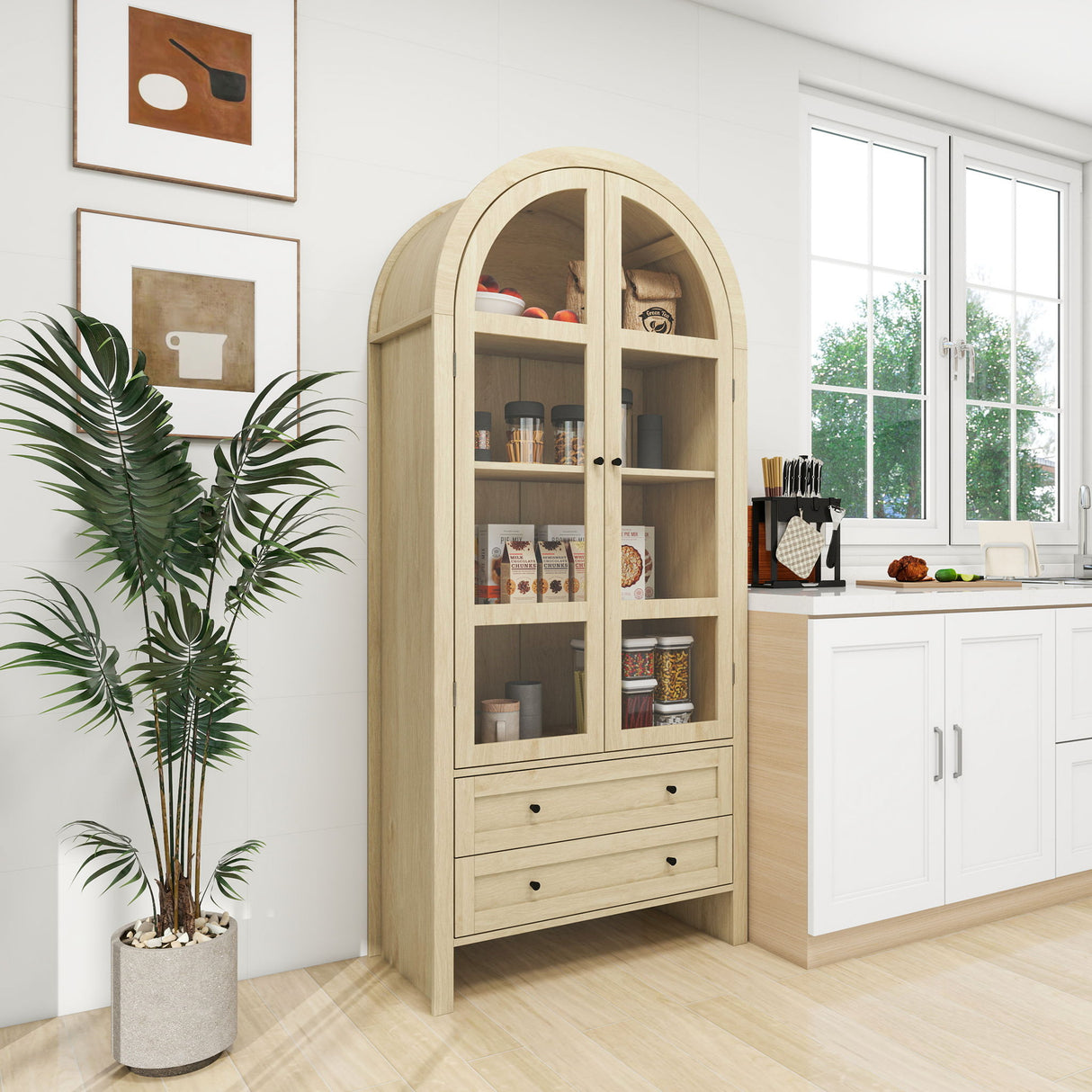 Tall Arched Kitchen Pantry, Modern Farmhouse Wood Kitchen Storage Cabinets, Arched Storage Display Cabinet With Adjustable Shelves, Versatile Cupboard For Kitchen, Dining Room, Living Room - Natural