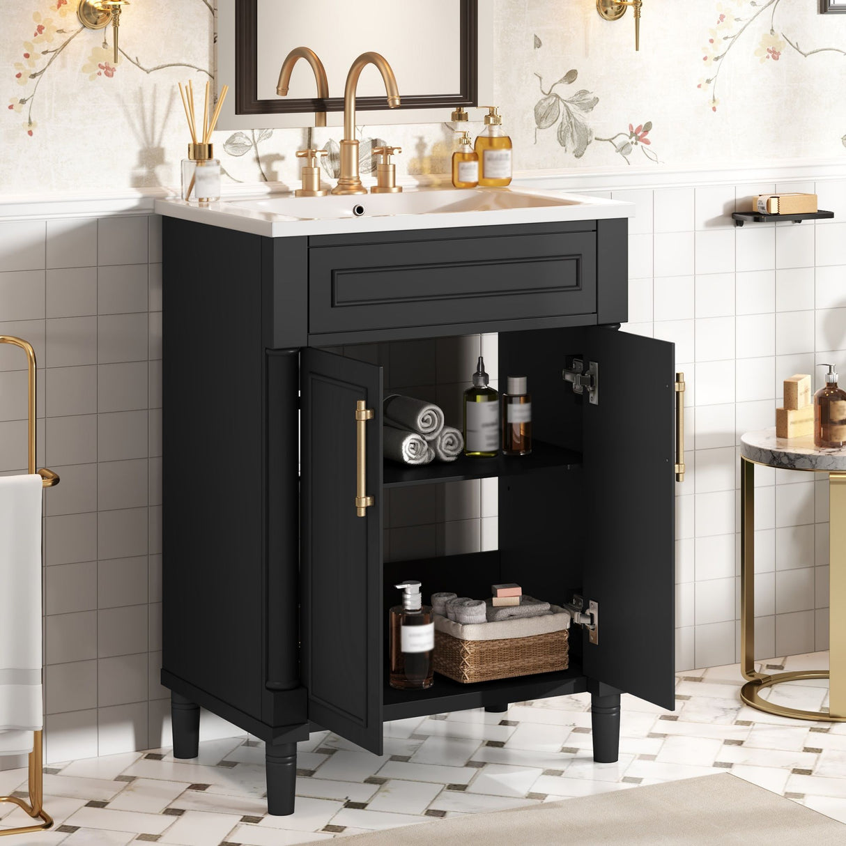 Bathroom Vanity With Integrated Sink, 2 Door Cabinet - Black