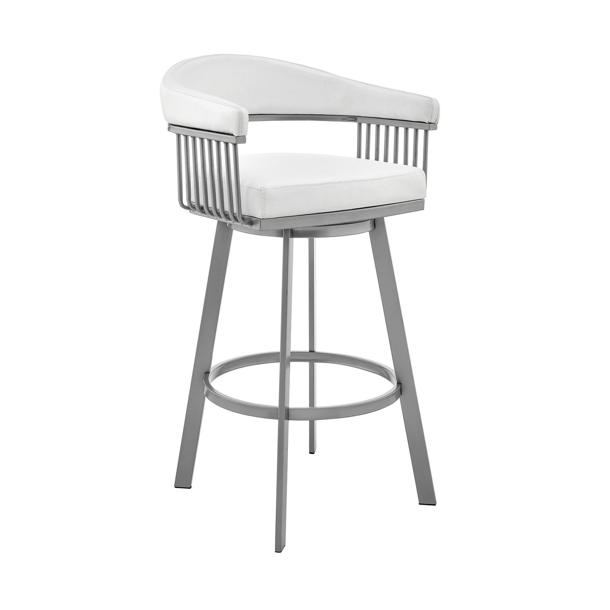 Bronson - 25" Counter Height Swivel Bar Stool - Silver Finish And White Faux Leather