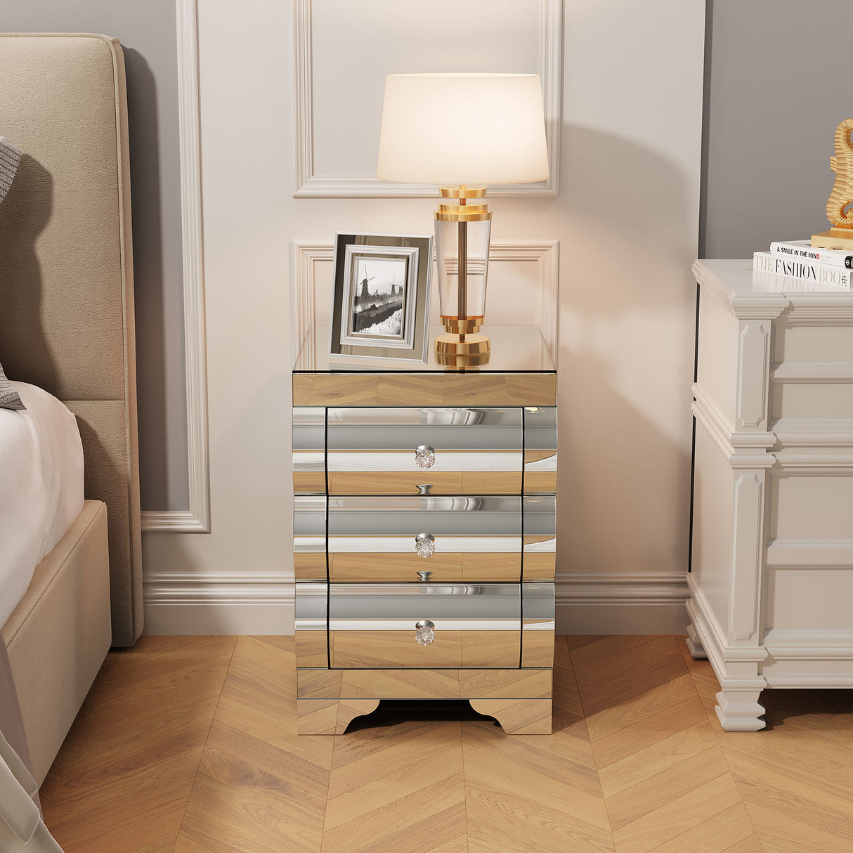 Nightstand With 3 Drawers, Bedside Table For Bedroom - Silver