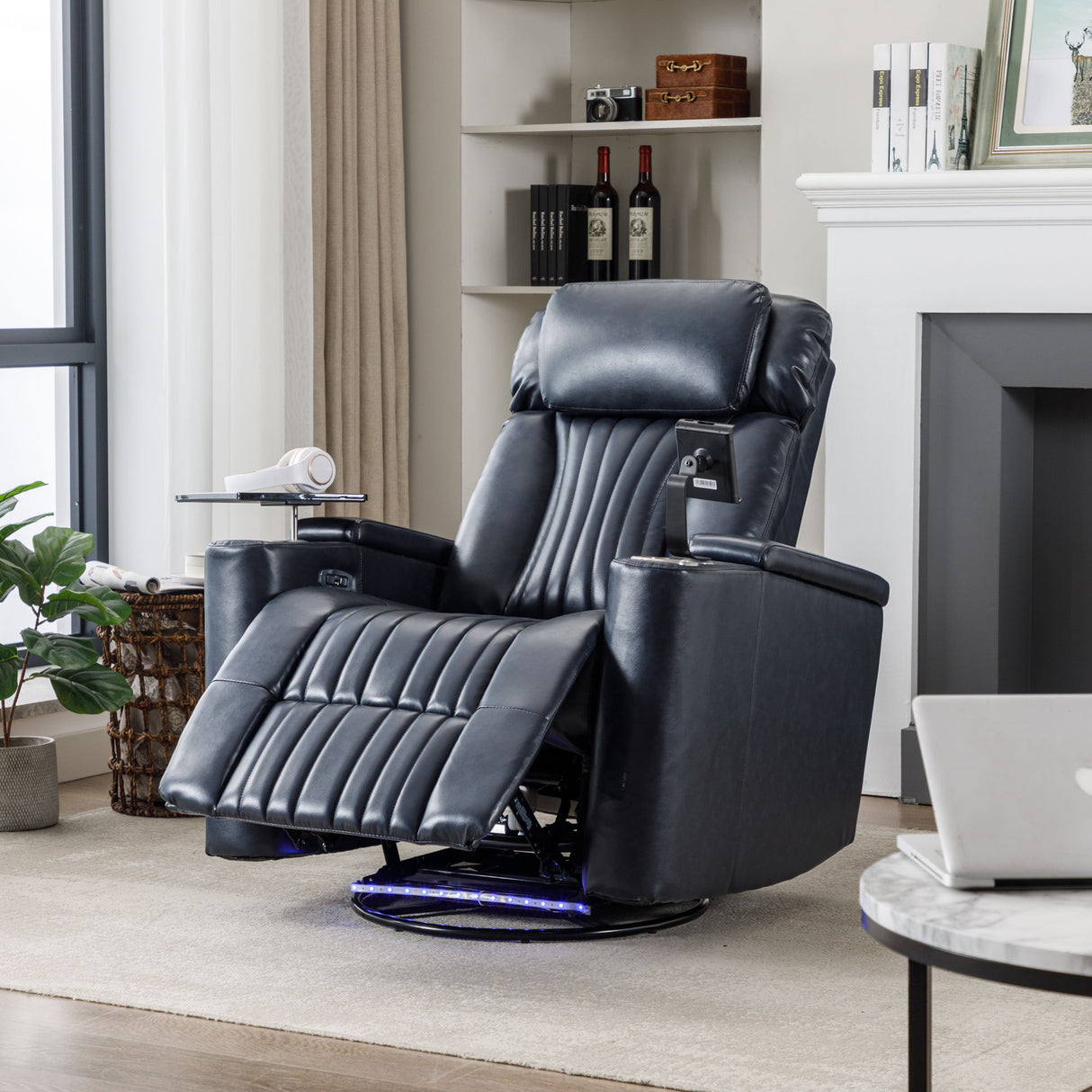 270° Power Swivel Recliner Home Theater Chair With Hidden Arm Storage, LED Light, Cup Holder, And Tray Table