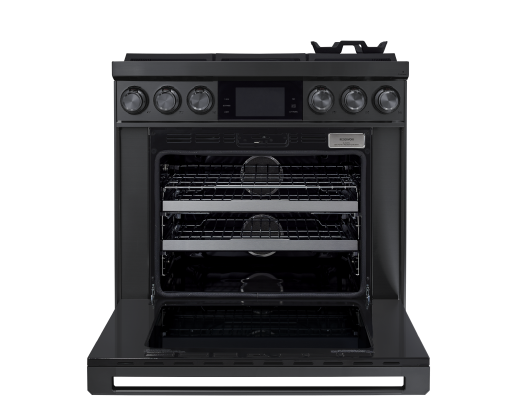 Dacor DOP36C86DLM/DA 36 inch dual fuel range graphite stainless steel - angled view