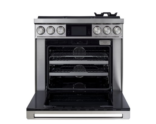 Dacor DOP36C86DLS/DA 36 inch dual fuel range silver stainless steel - angled view