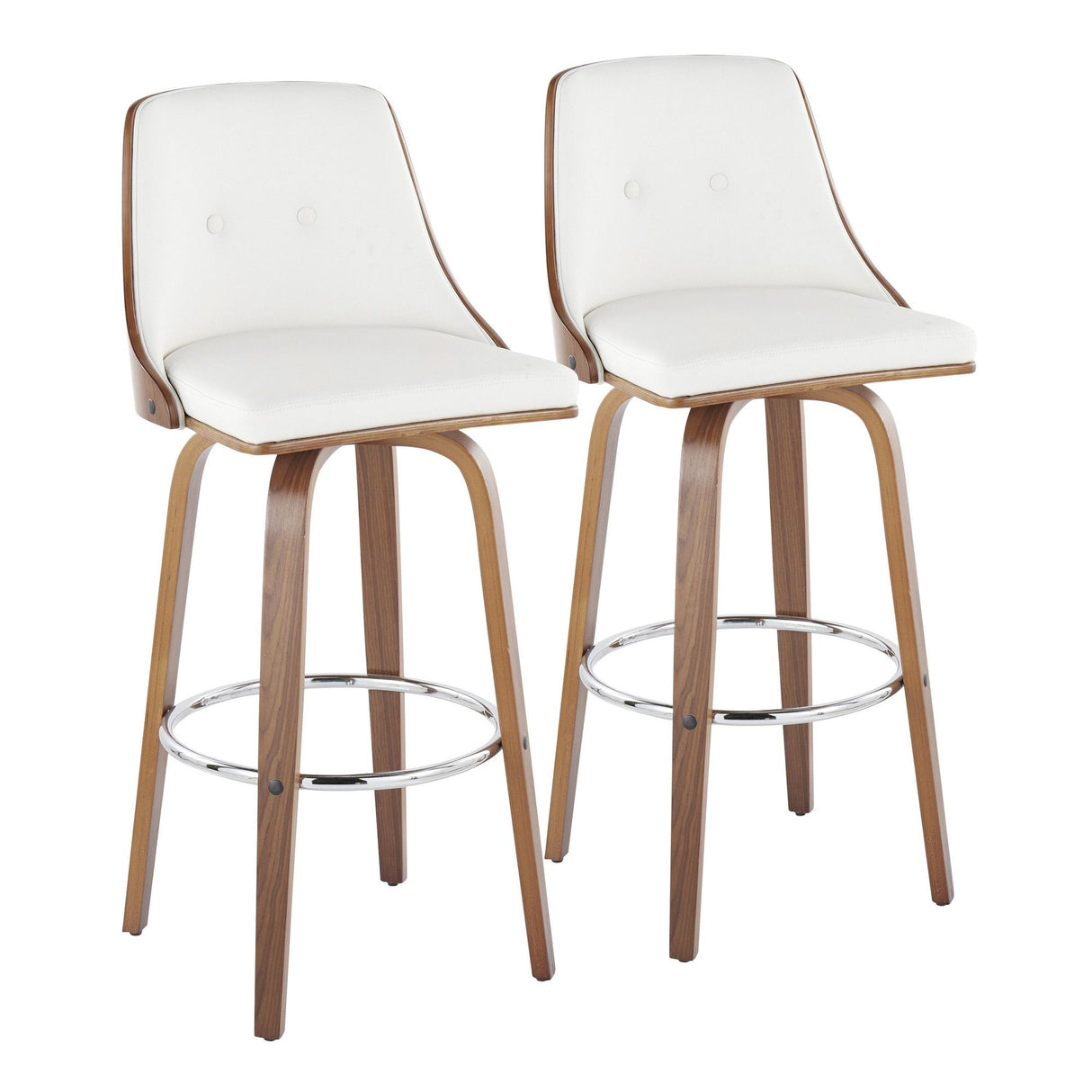Gianna - Mid-Century Modern Fixed-Height Swivel Barstool (Set of 2) - Walnut Wood And White Faux Leather With Round Chrome Metal Footrest