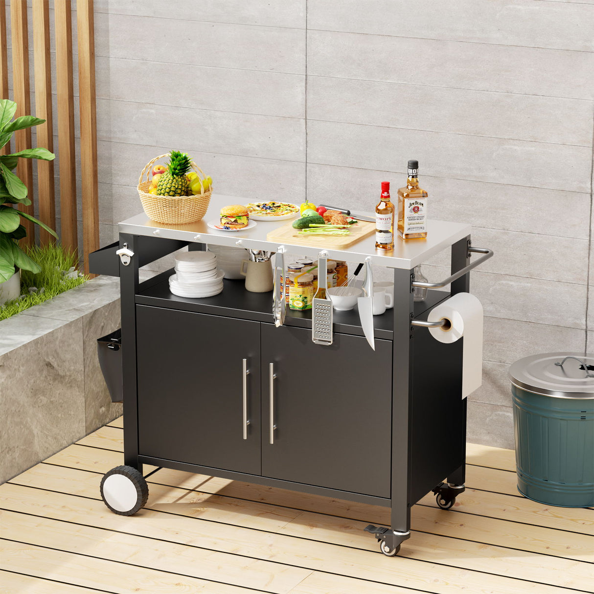 Outdoor Grill Cart With Storage, Rolling Bar Cart With Hooks And Spice Rack Stainless Steel