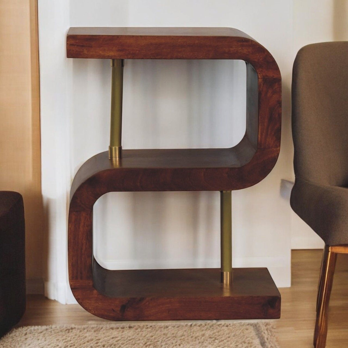 S Curve Brass Bedside Table - Dark Brown