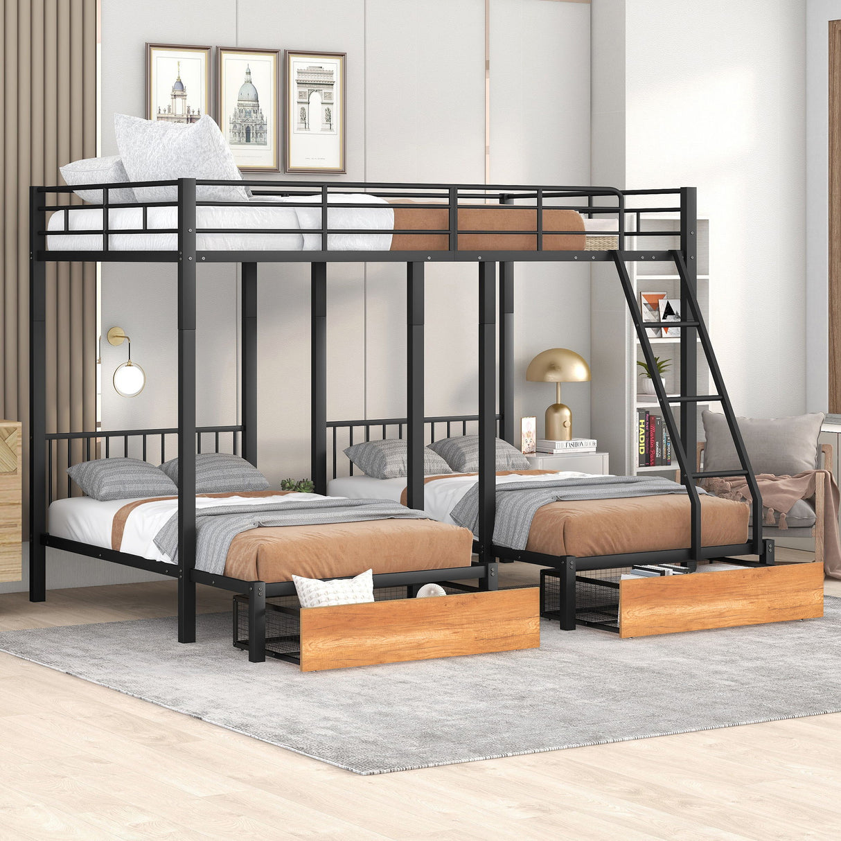 Triple Bunk Bed With Drawers And Guardrails