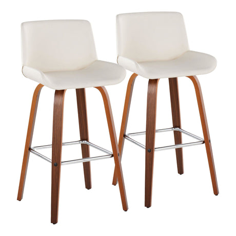 Santi - 30" Fixed-Height Barstool With Swivel And Square Chrome Metal Footrest (Set of 2) - Walnut Wood