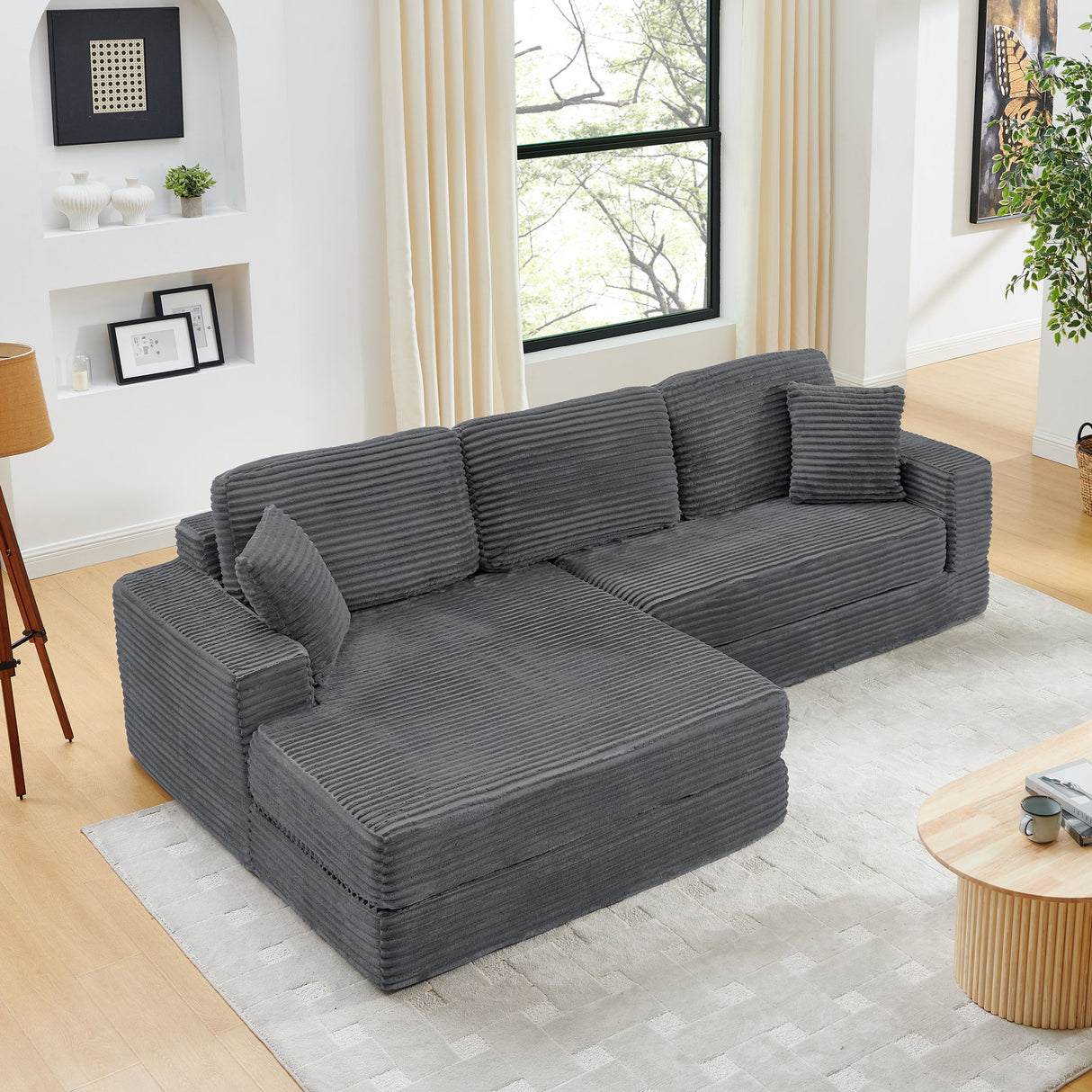 Modern Minimalist L Shape Modular Sectional Sofa, Corduroy Couch