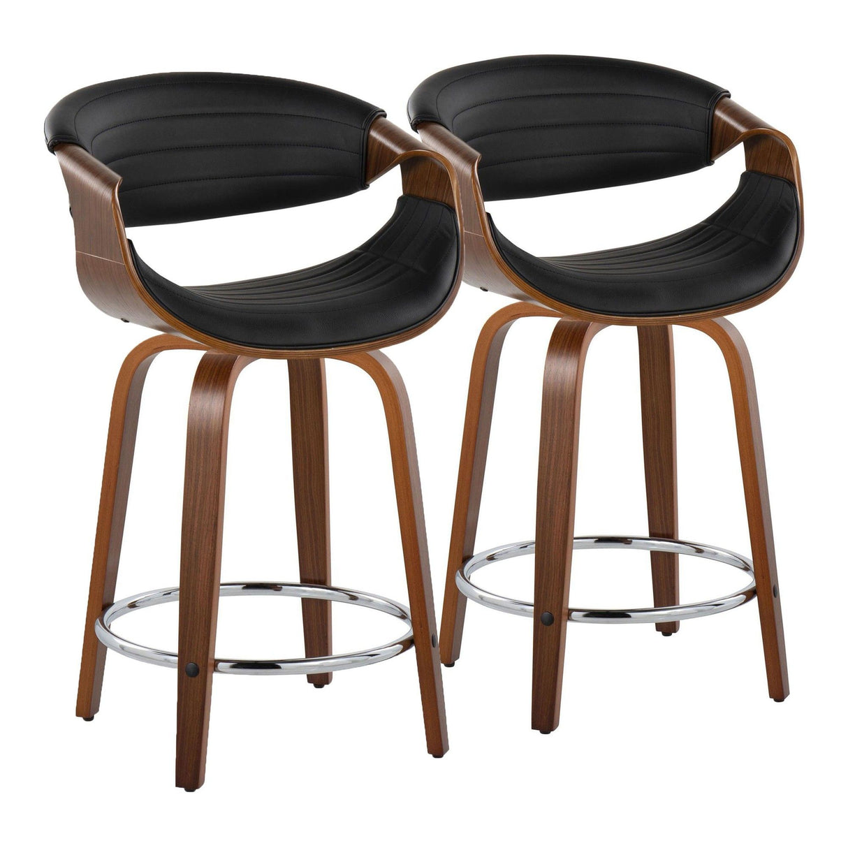 Curvo - 24" Fixed-Height Counter Stool With Swivel And Round Chrome Metal Footrest (Set of 2) - Walnut Wood