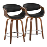 Curvo - 24" Fixed-Height Counter Stool With Swivel And Round Chrome Metal Footrest (Set of 2) - Walnut Wood