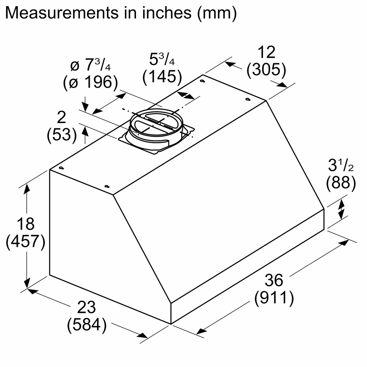 Bosch DUHP6853UC range hood dimensions line drawing