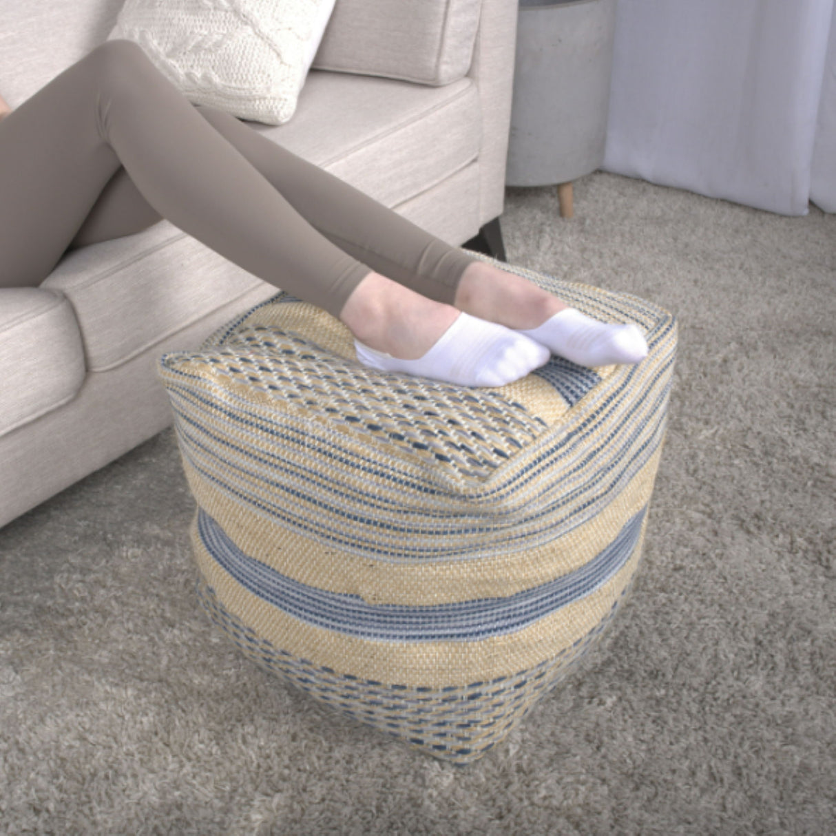 Western - Handcrafted Fabric Pouf, Durable - Natural / Blue