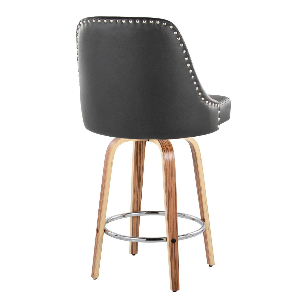 Marcel - 26" Fixed-Height Counter Stool With Swivel And Round Chrome Metal Footrest (Set of 2) - Zebra Wood And Black Faux Leather With Chrome Nailhead Trim