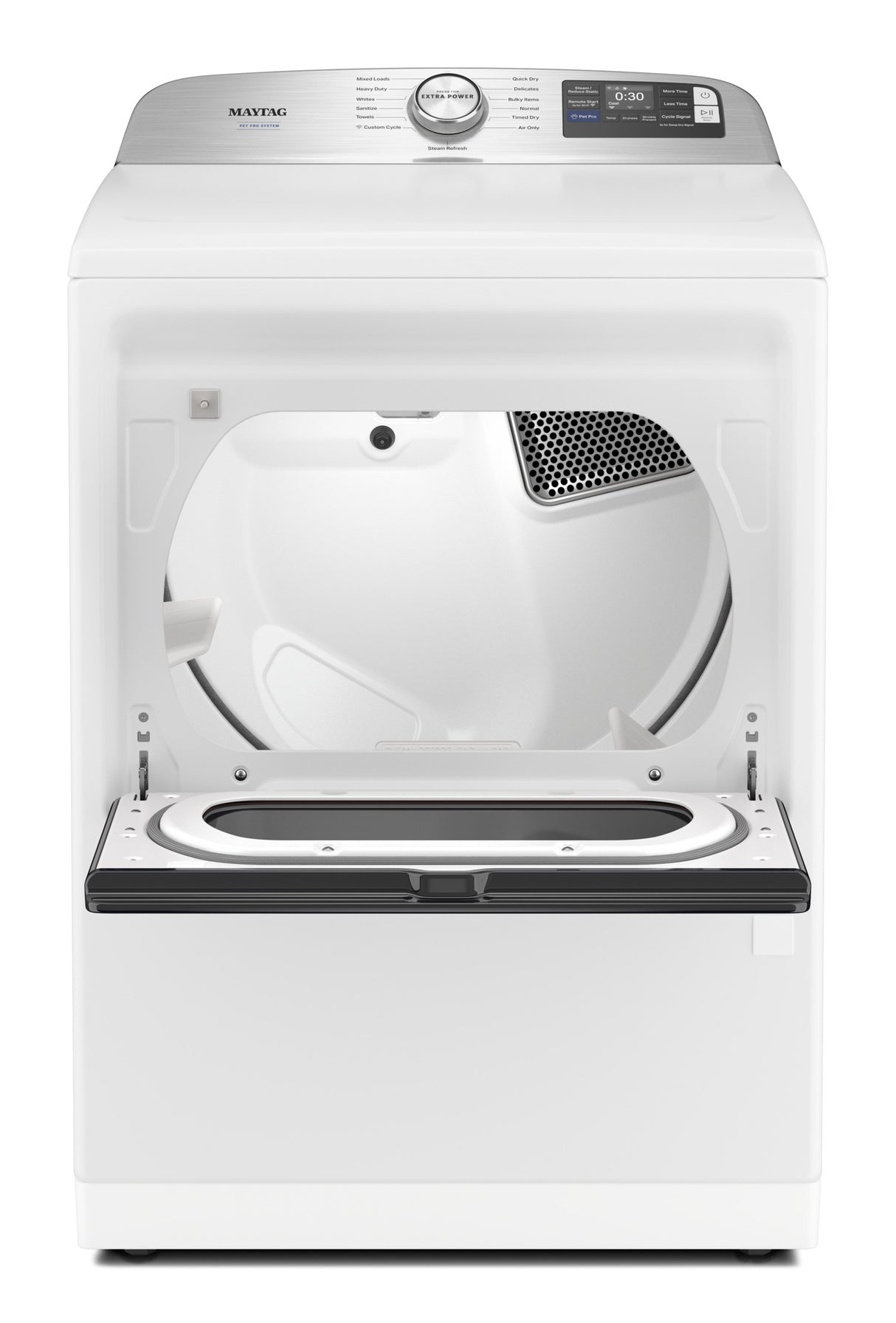 Maytag MED7205RW dryer with hamper style door open