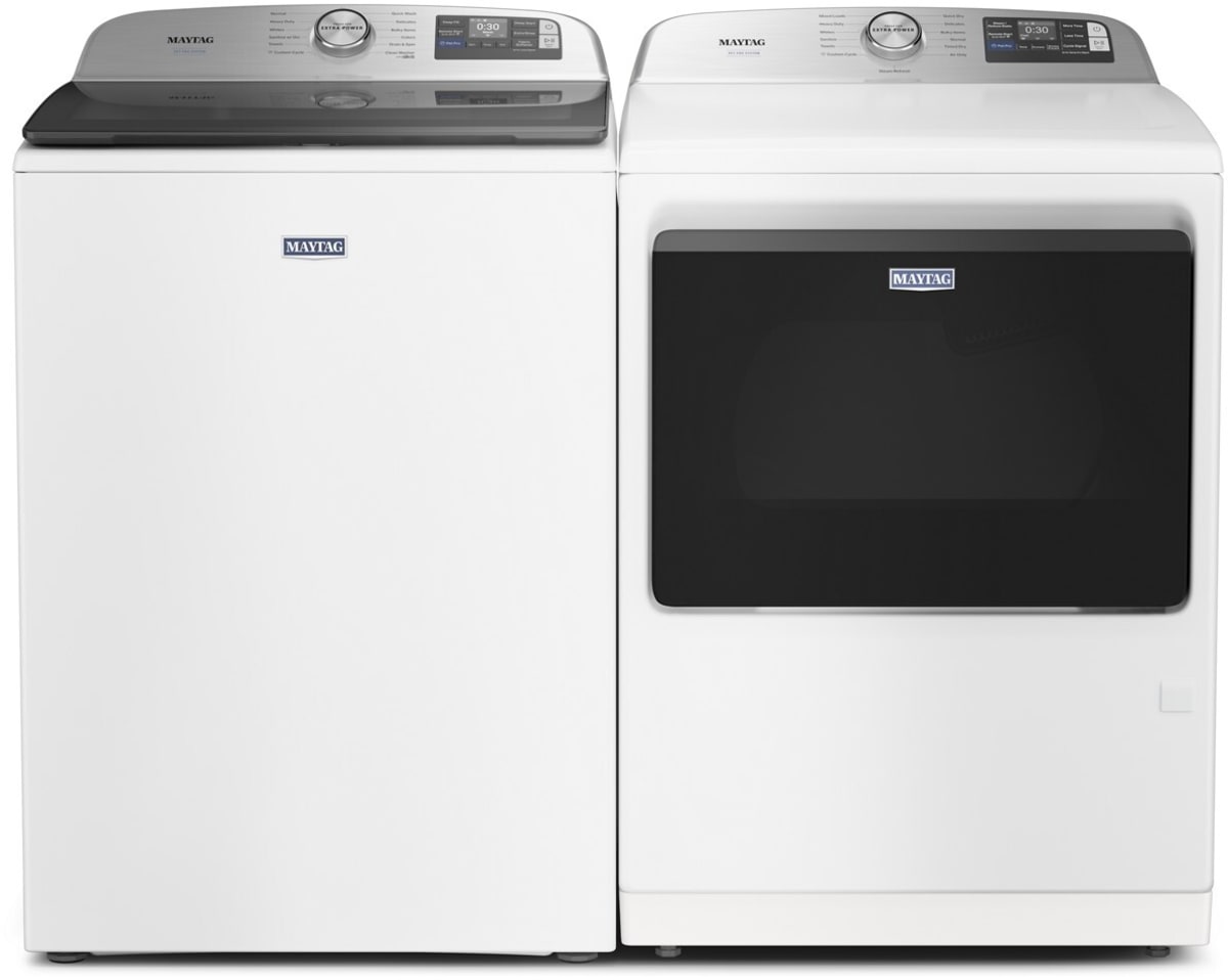 Maytag MED7205RW dryer shown with matching top load washer