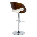 Pino - Mid-Century Modern Adjustable Swivel Barstool (Set of 2) - Chrome Metal, Cherry Wood And White Faux Leather With Rounded T Footrest