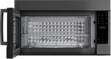 Bosch HMV8045U over-the-range microwave door open showing stainless steel cavity