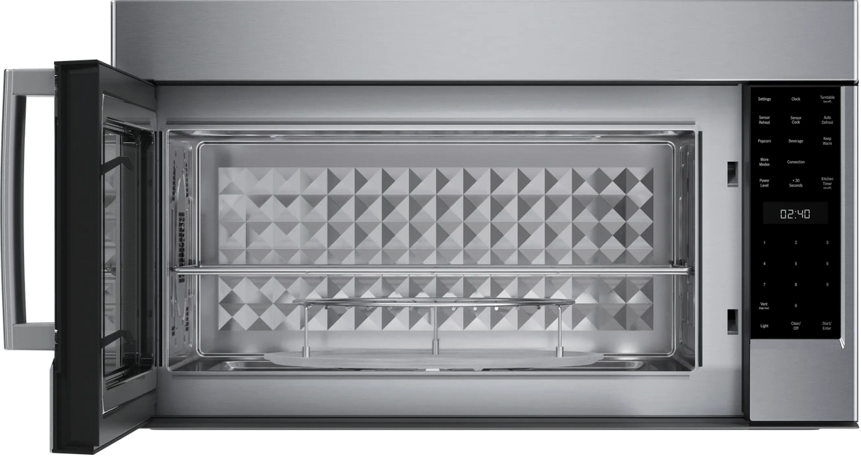 Bosch HMV8054U over-the-range microwave with door open