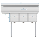 51 in. Three Compartment Stainless Steel Commercial Sink with Drainboard, Bowl Size 12"x 16"x 10" SC121610-12L3.