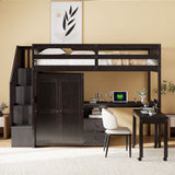 Loft Bed With Stairs, Bookshelf, Drawers, Desk & Wardrobe, Space Saving Multifunctional Furniture
