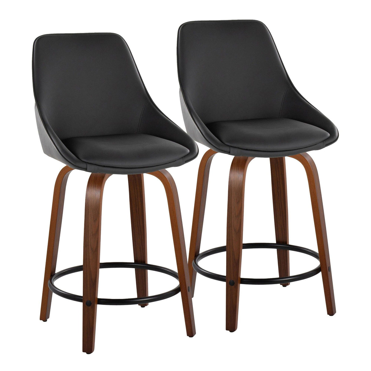 Diana - 24" Fixed-Height Counter Stool With Swivel And Round Black Metal Footrest (Set of 2) - Walnut Wood