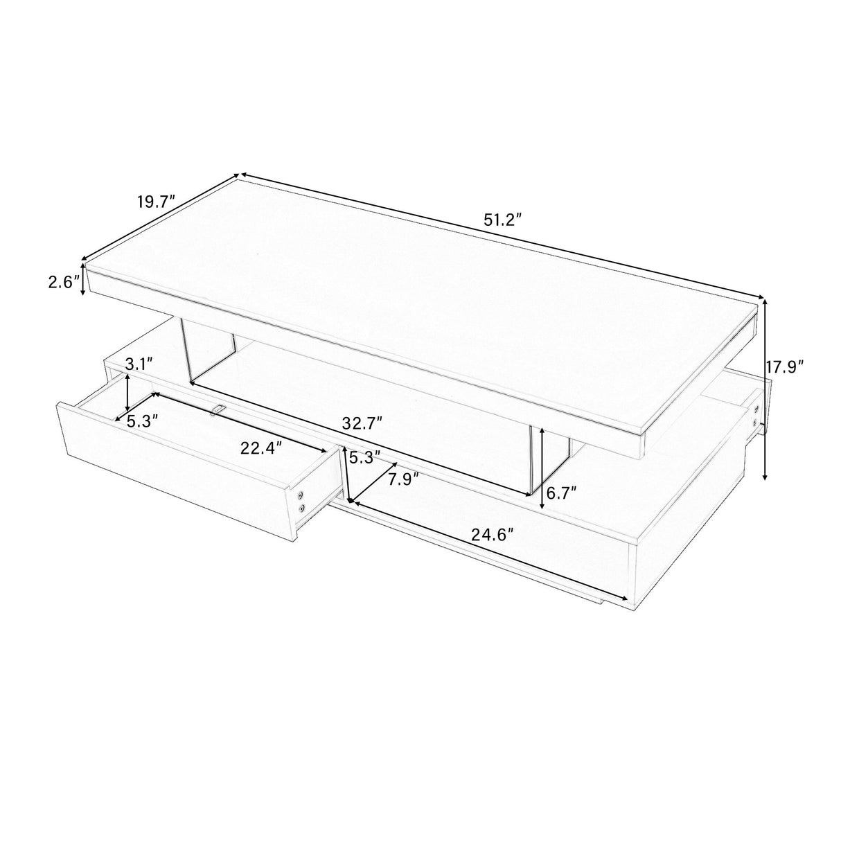LED Coffee Table With 2 Drawers And Display Shelves