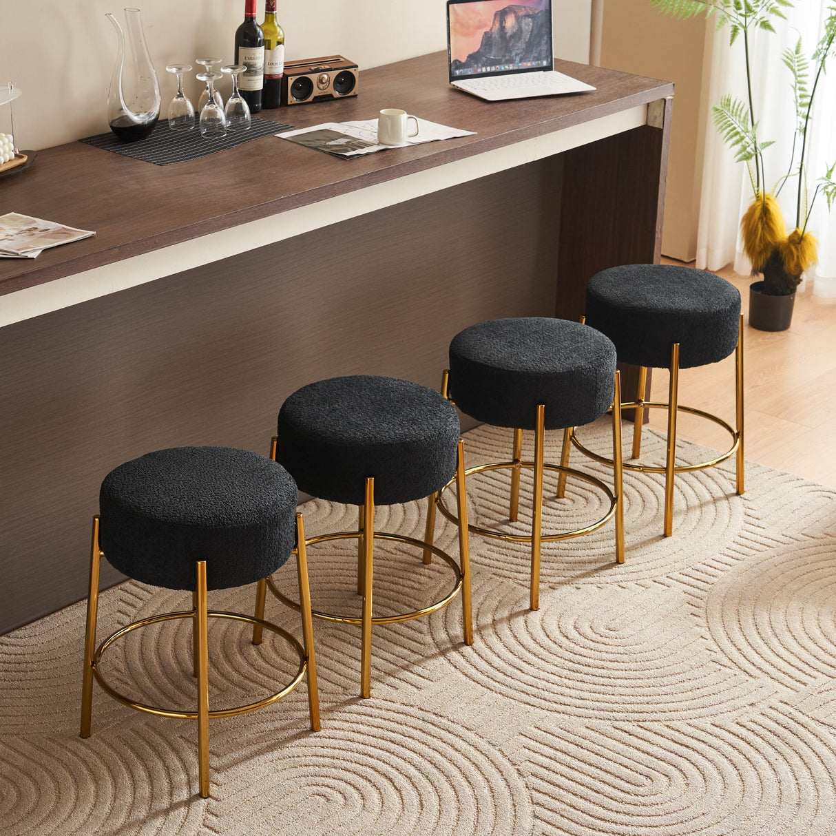 Round Bar Stools (Set of 2), Contemporary Upholstered Dining Stools For Kitchens, Coffee Shops And Bar Stores - Legs