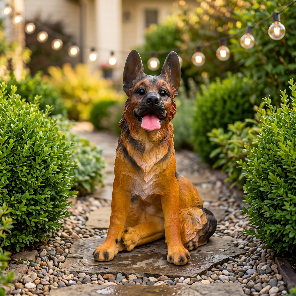 Realistic German Shepherd Statue, Weather Resistant Outdoor Garden Sculpture - Brown / Black