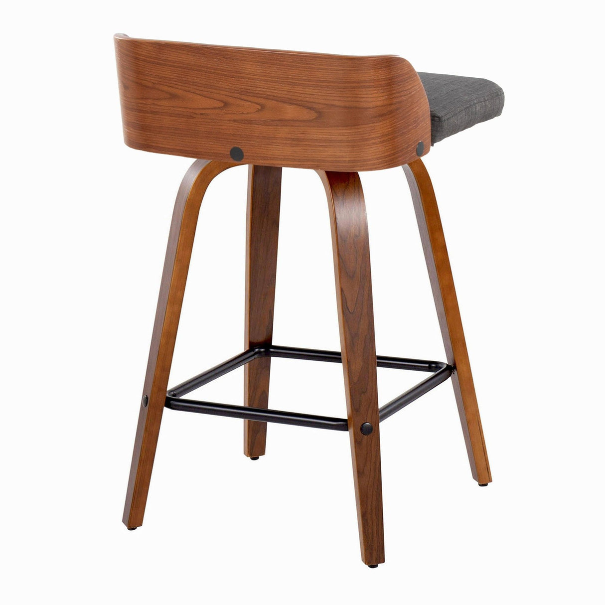 Maya - Mid-Century Modern Fixed-Height Swivel Counter Stool (Set of 2) - Walnut Wood And Charcoal Fabric With Square Black Metal Footrest