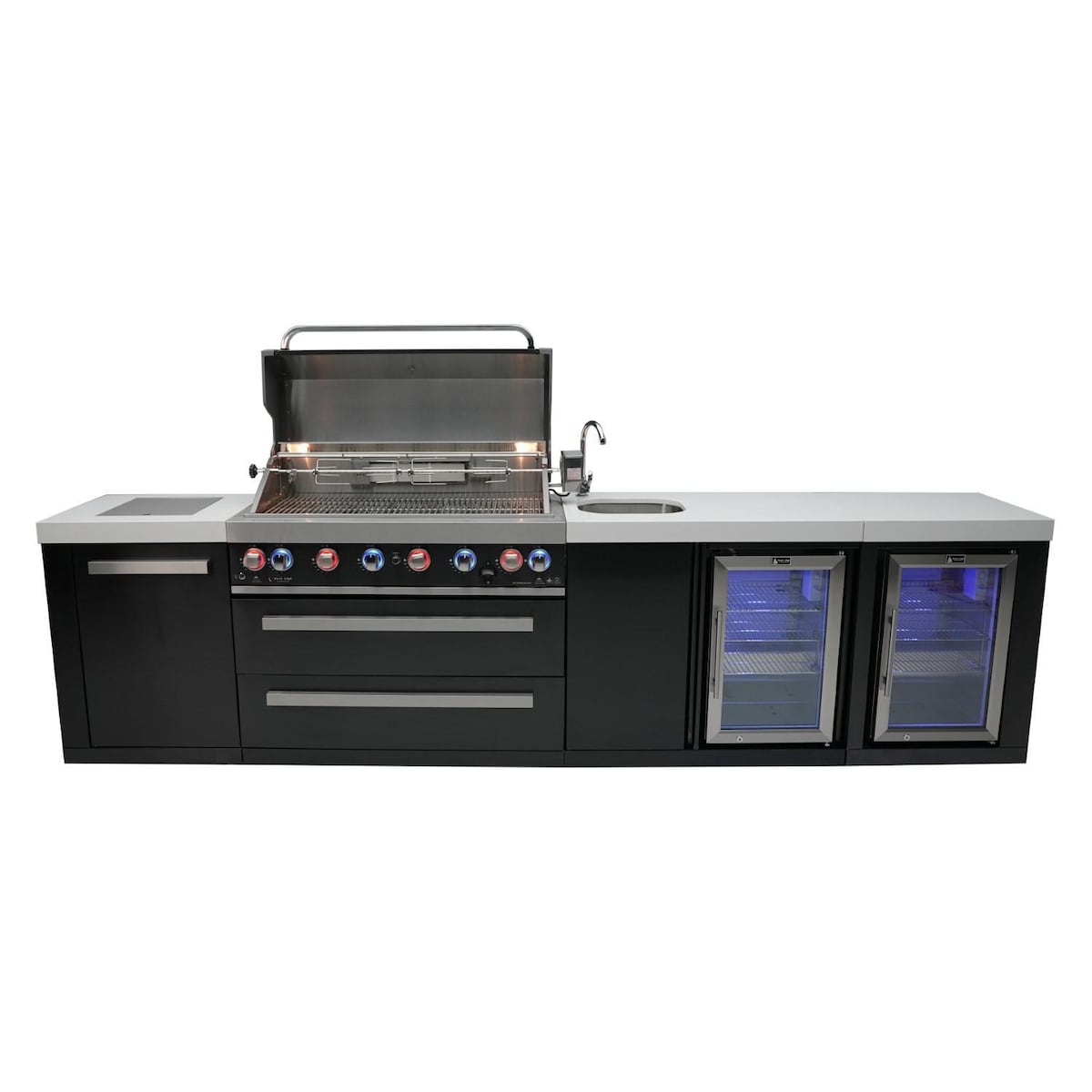 Mont Alpi Black Series 11 Ft Propane Outdoor Kitchen Island w/ Side Burner, Beverage Center & Fridge - MAi805-BSSBEVFC