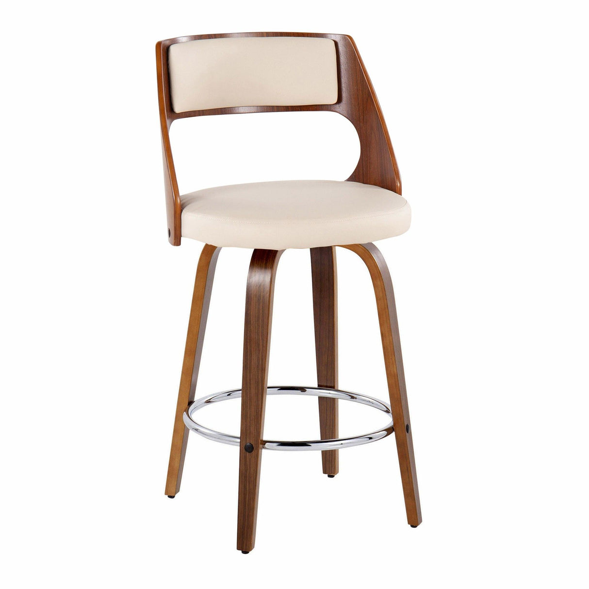 Cecina - 26" Fixed-Height Counter Stool With Swivel And Round Chrome Metal Footrest (Set of 2) - Walnut Wood