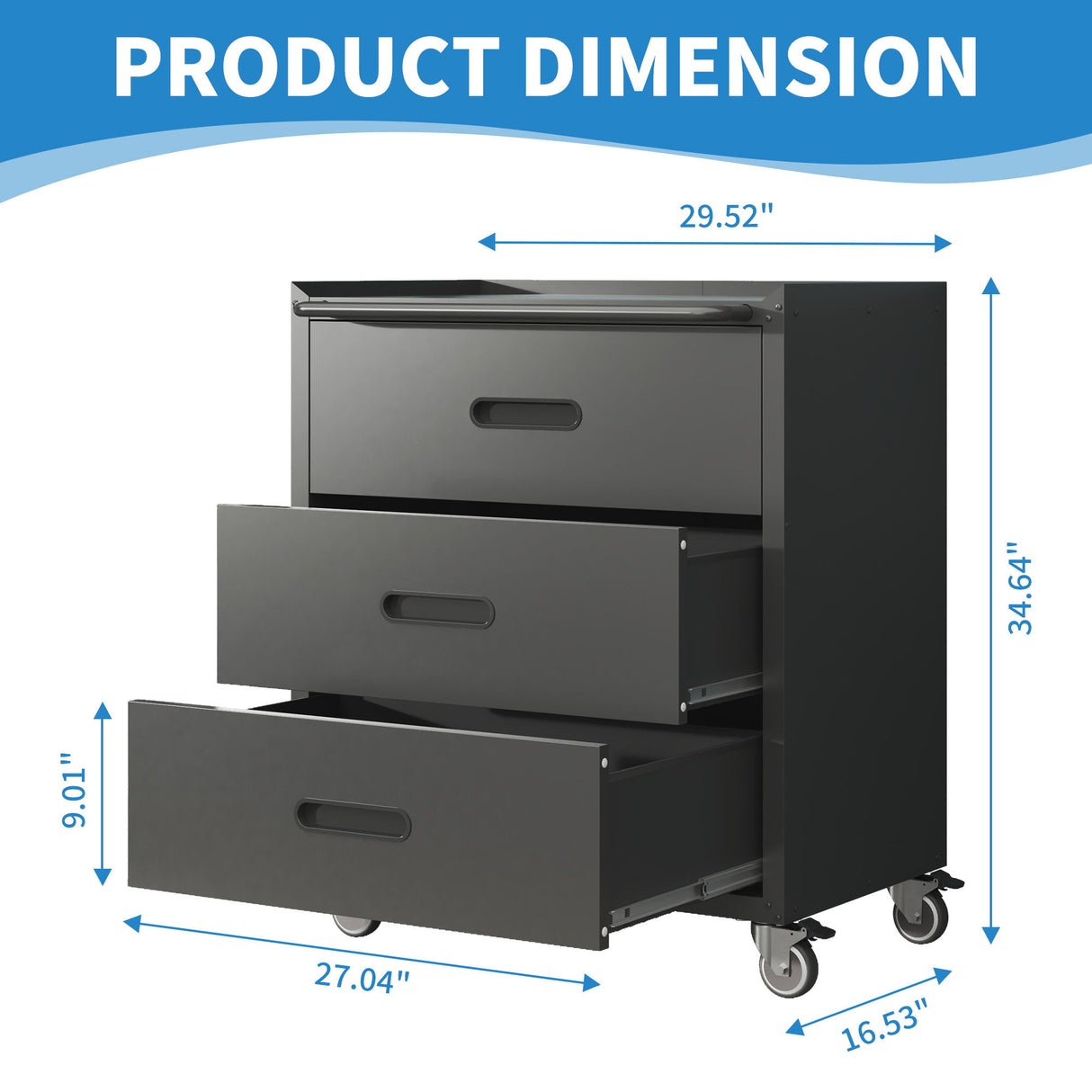 Heavy Duty Metal Storage Cabinet With Wheels 3 Drawer Tool Cabinet For Garage, Office, And Home Organizer Solutions