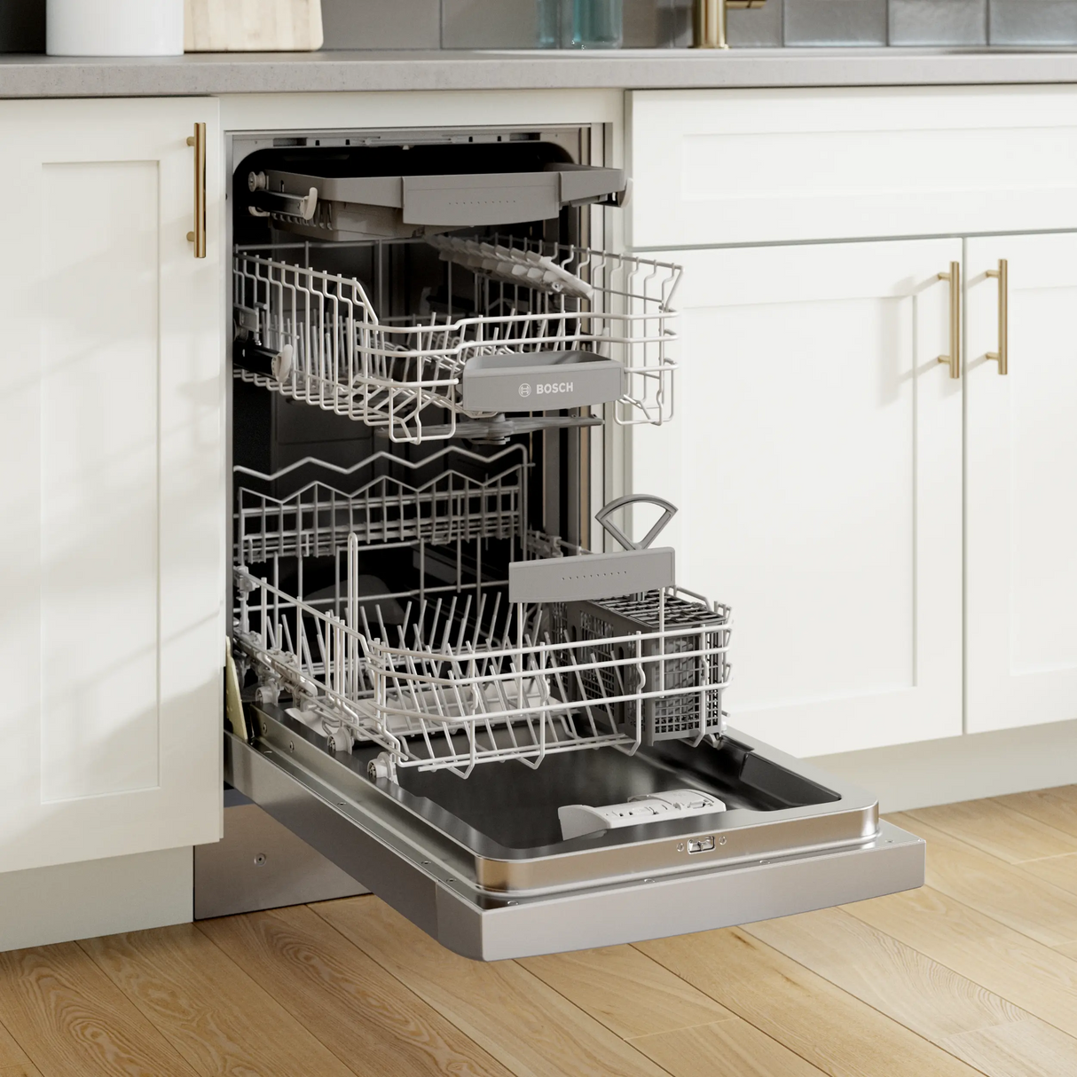Bosch SPE68C75UC lifestyle door open with racks out
