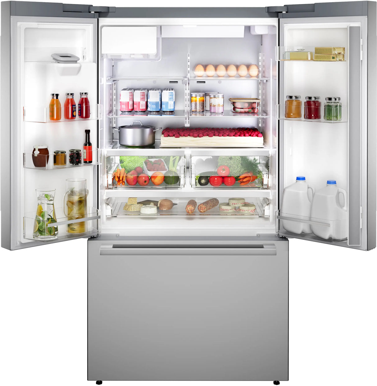 Bosch B36FD52SNS refrigerator doors open stocked with food