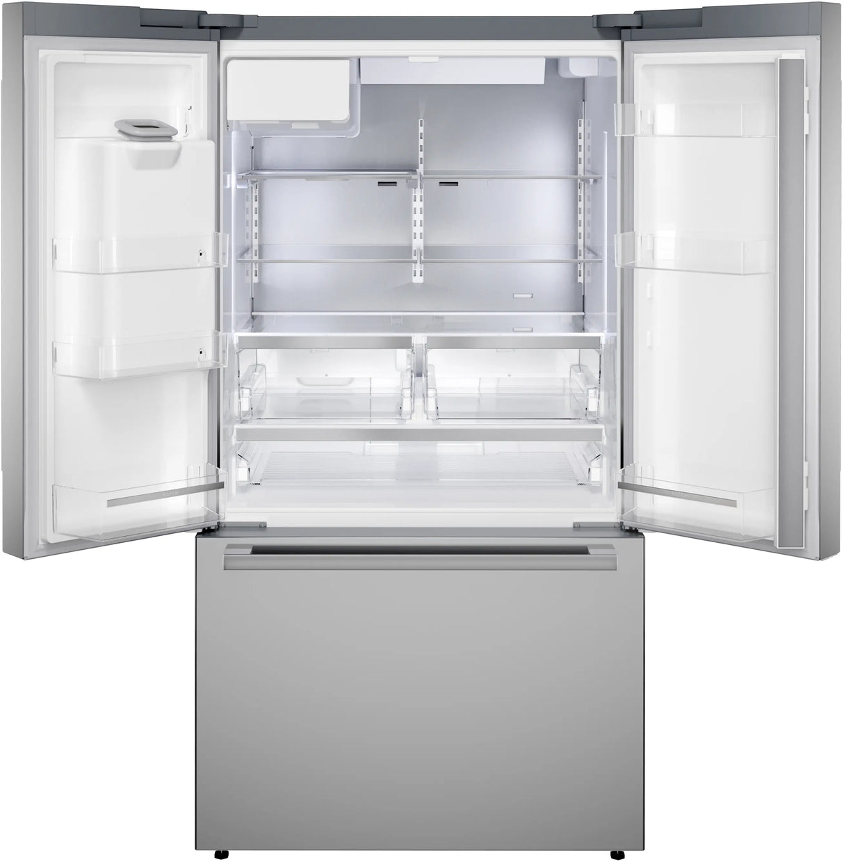 Bosch B36FD52SNS refrigerator doors open empty interior