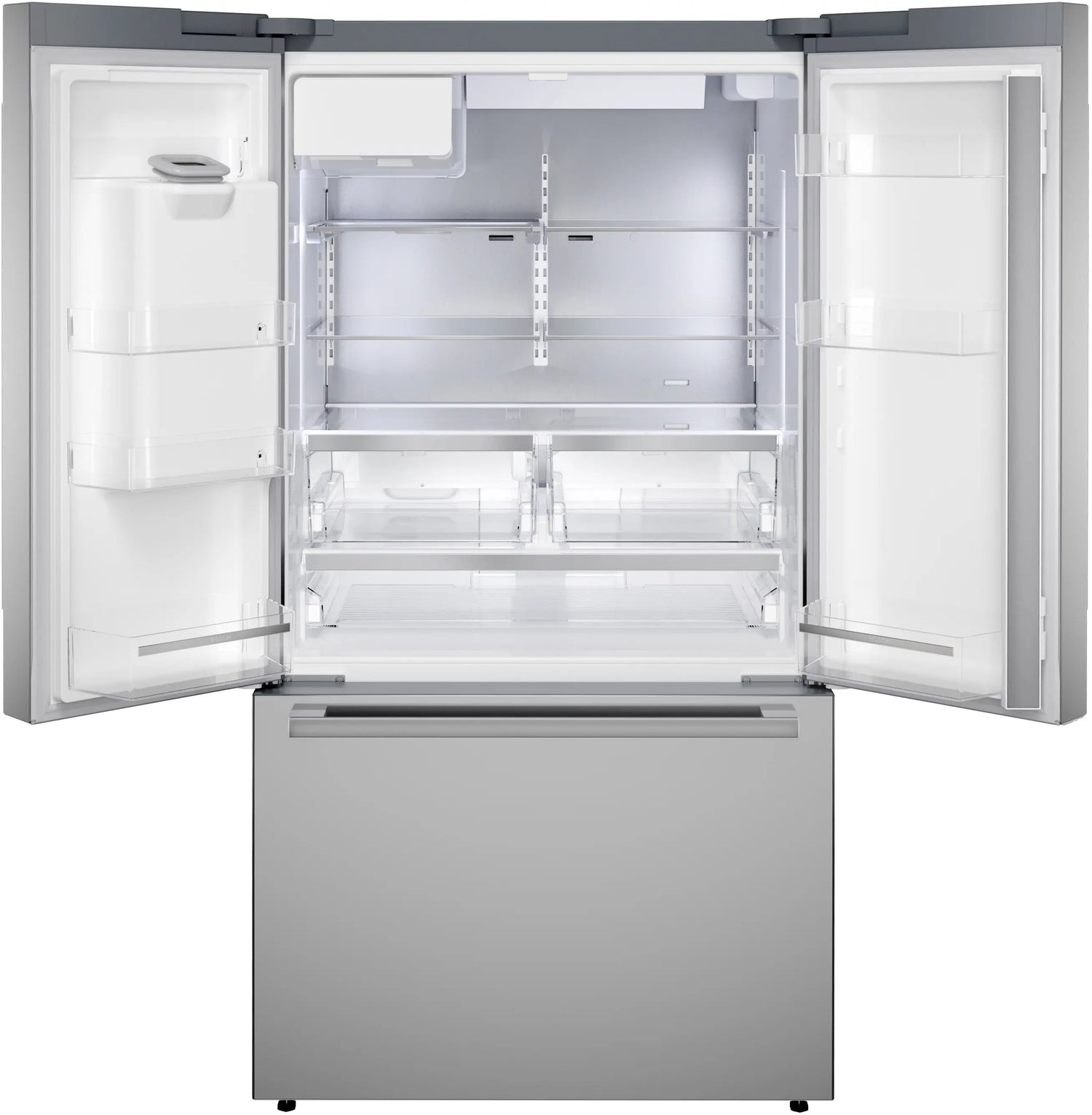 Bosch B36FD52SNS refrigerator doors open empty interior