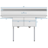 60 in. Two Compartment Stainless Steel Commercial Sink with 2 Drainboards, Bowl Size 15"x 15"x 12" SB151512-15B3.
