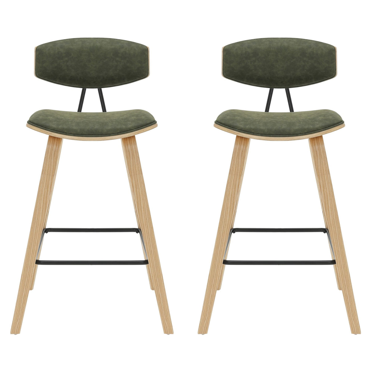 Fox - Counter Height Curved Back Wood Bar Stool With Faux Leather Seat