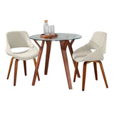 Folia - 3 Piece Round Fabrico Dining Set - Walnut Wood, Clear Glass, Cream Noise Fabric