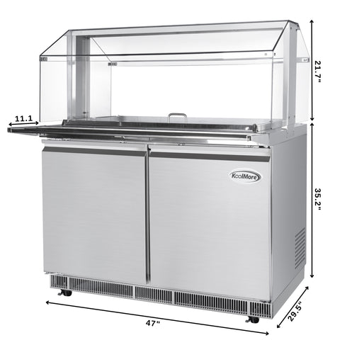 48 in. Commercial Refrigerated Prep Station with Sneeze Guard and Buffet Slide, 9-Pan Capacity (Not Included) with Covers and Two Adjustable Shelves in Stainless-Steel, ETL Listed (KM-RBT-48CSFG)