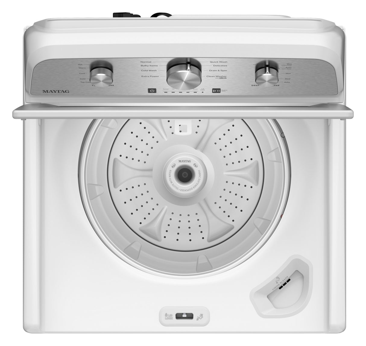 Maytag MTW3805TW washer with lid open showing Power agitator and stainless steel wash basket