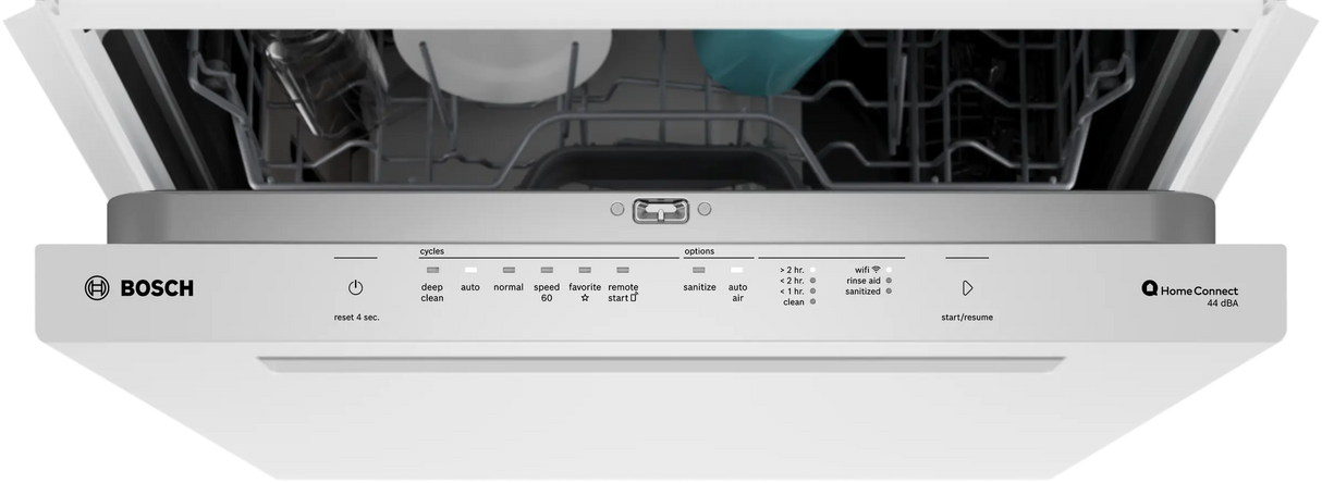 Bosch SHP65DM2N door open showing stainless steel interior and racks