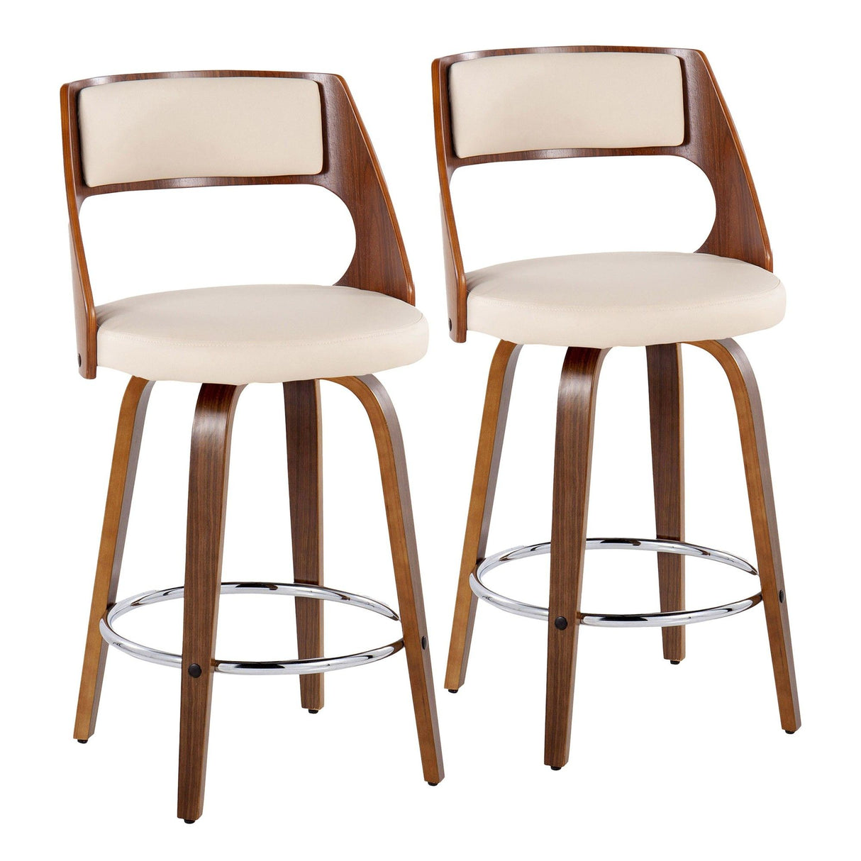 Cecina - 26" Fixed-Height Counter Stool With Swivel And Round Chrome Metal Footrest (Set of 2) - Walnut Wood