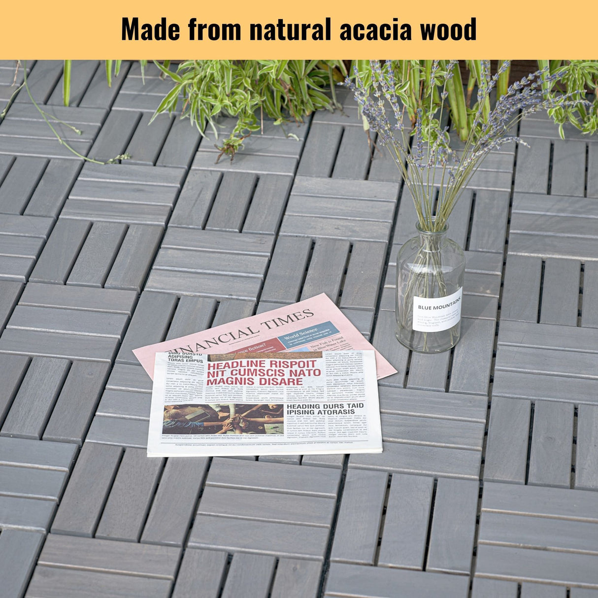 Acacia Wood Interlocking Deck Tiles Checker Pattern For Outdoor Flooring
