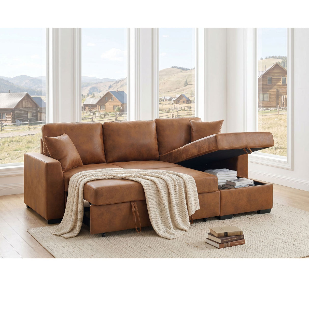 Upholstered Sectional With Pull-Out Bed And Chaise Storage