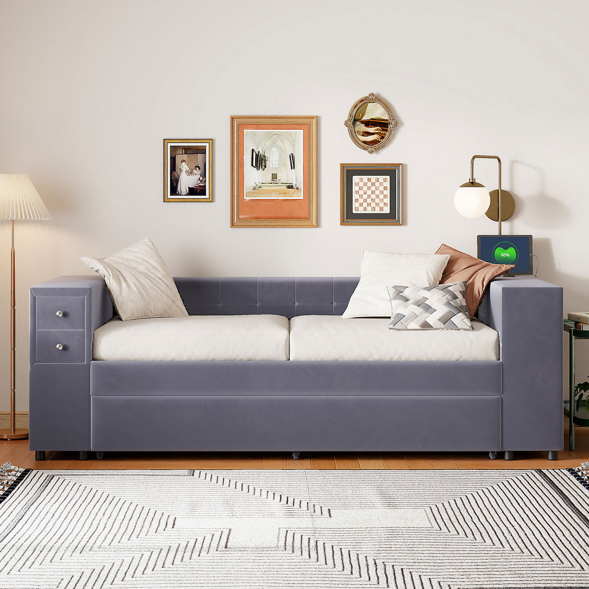 Upholstered Bed With Storage And Twin Trundle, USB Charging Ports