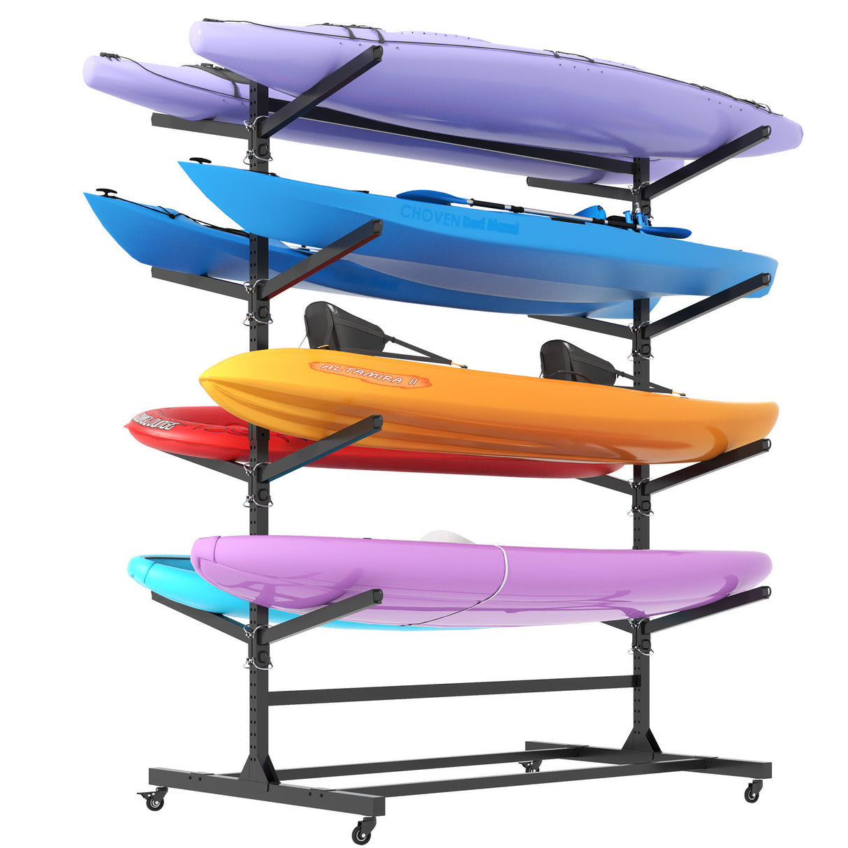 Freestanding Kayak Storage Rack With Lockable Wheels For Kayak, Canoe, Sup & Surfboard