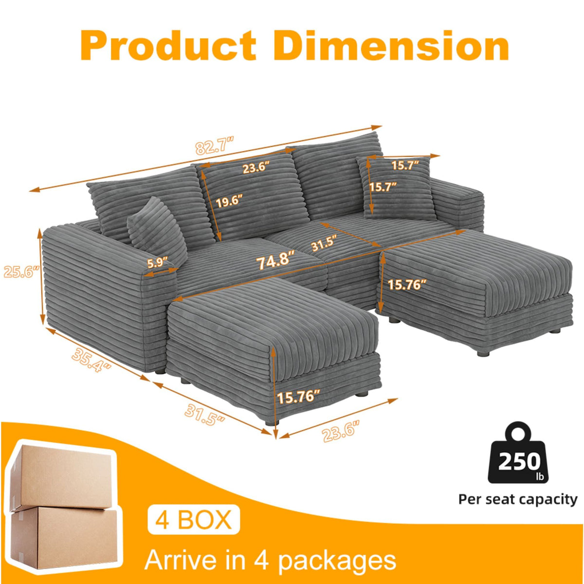 Deep Seat Convertible Sofa With Soft Pillows And Ottomans