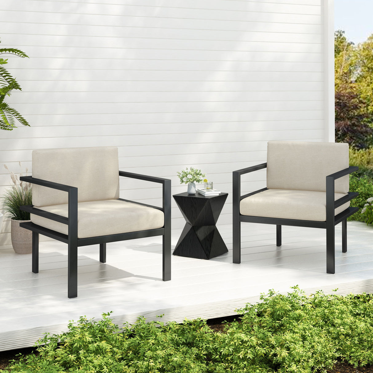 Modern 3 Piece Outdoor Patio Seating Set With Aluminum Frame And Weather Resistant Cushions - Beige / Gray